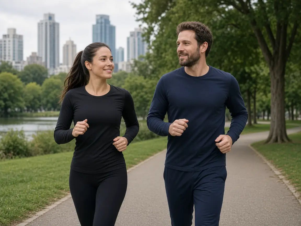 Two athletes jogging side by side in a park
