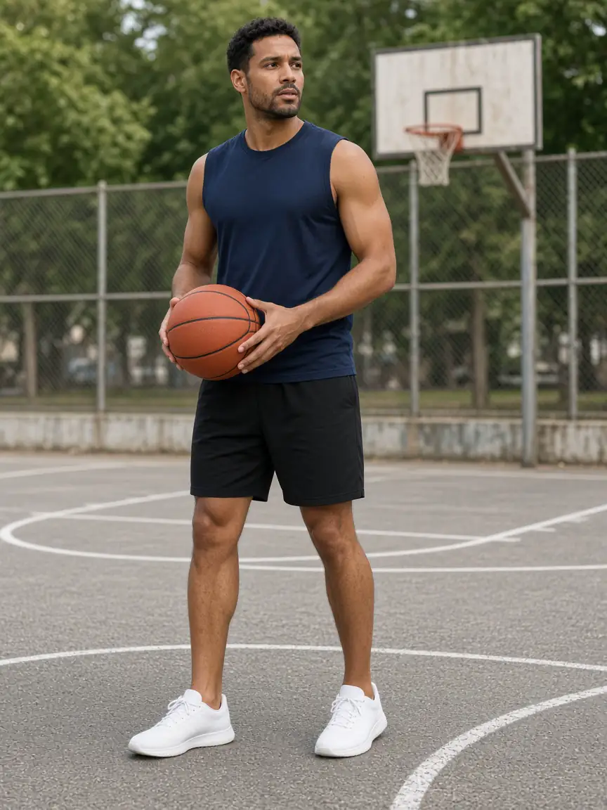 Athlete in a navy sleeveless top on an outdoor court