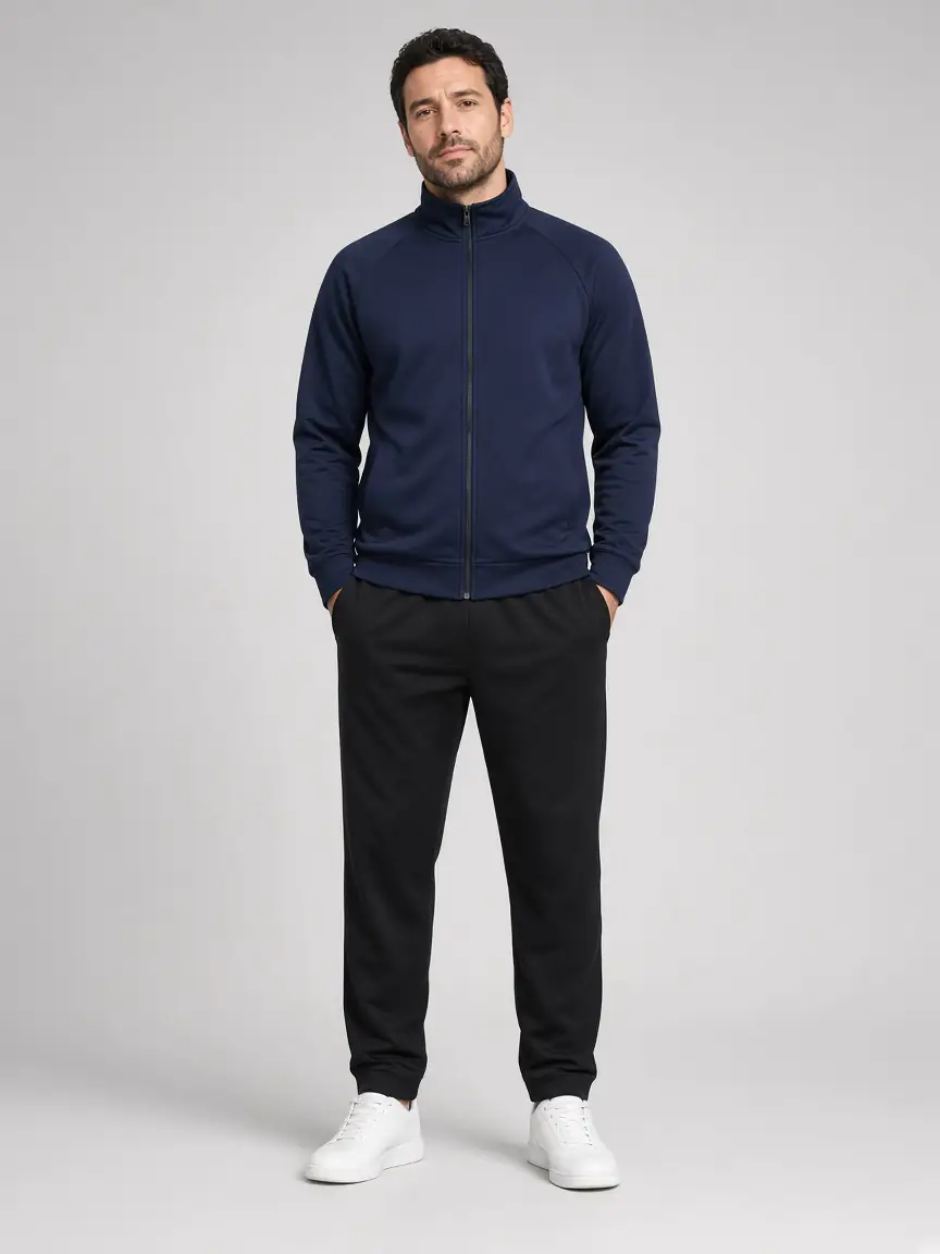 Navy track jacket and black training pants