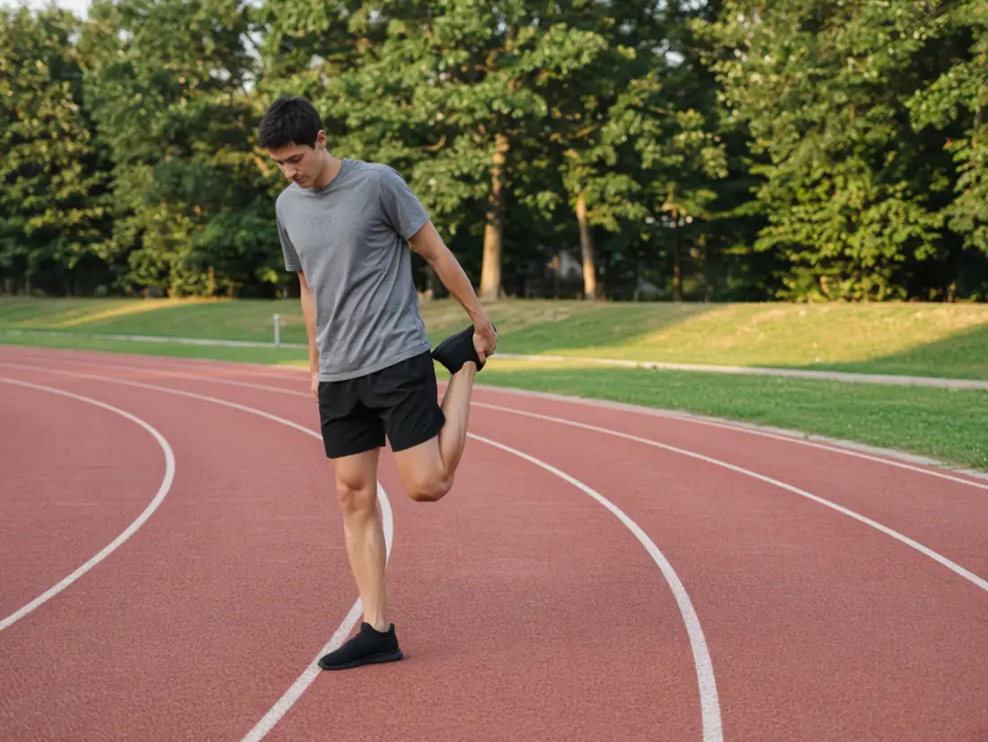Athlete stretching a quad on a running track