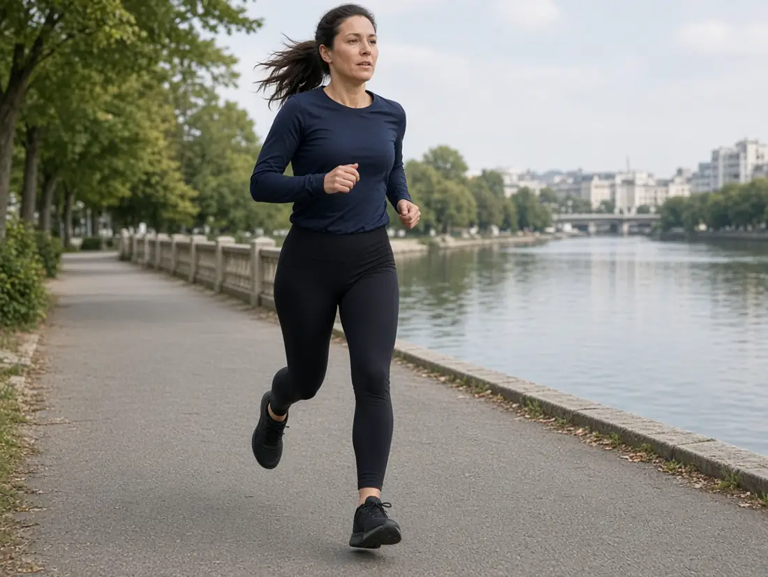 Runner in a navy long sleeve along a river path