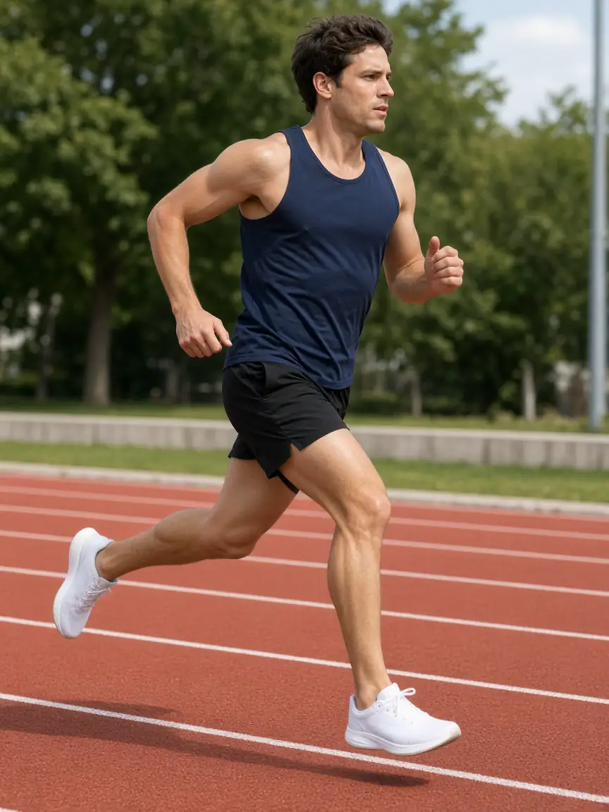 Sprinter in a navy singlet and black shorts